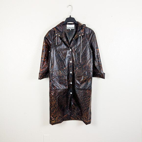 GANNI Women's Tiger Print Brown Raincoat $295 - Picture 2 of 13